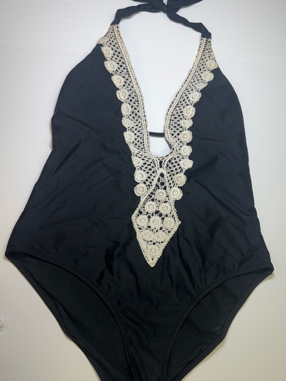 Kona Sol Black One-Piece Swimsuit with Cream Crochet Trim